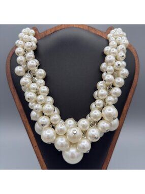 Faux Pearl Bib Necklace Chunky Bubble Cluster Statement Collar Silver Tone 16"